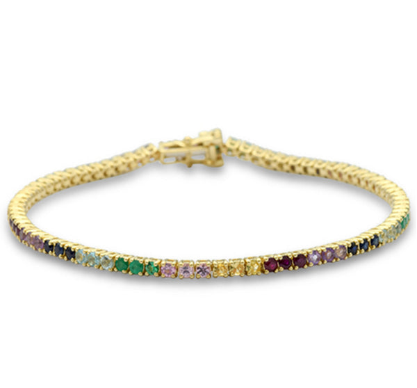 Yellow Gold Multi Color Gemstone Tennis Bracelet 7" Long