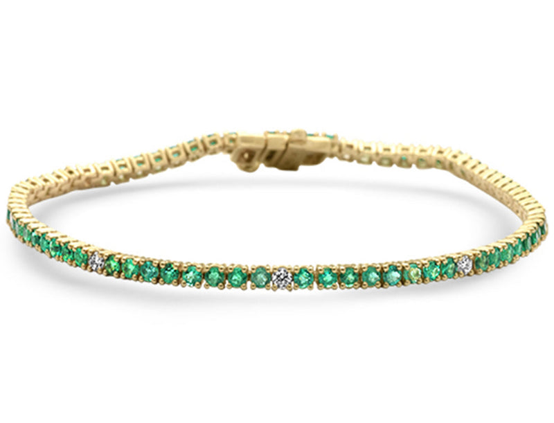 Yellow Gold Diamond & Green Emerald Tennis Bracelet 7" Long