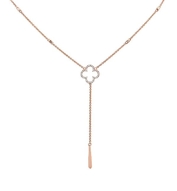 Rose Gold Diamond Clover Drop Lariat Pendant Necklace